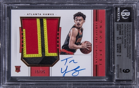 2018-19 Panini National Treasures Rookie Patch Auto (RPA) Horizontal Bronze #103 Trae Young Signed Rookie Patch Card (#15/25) - BGS MINT 9/BGS 9